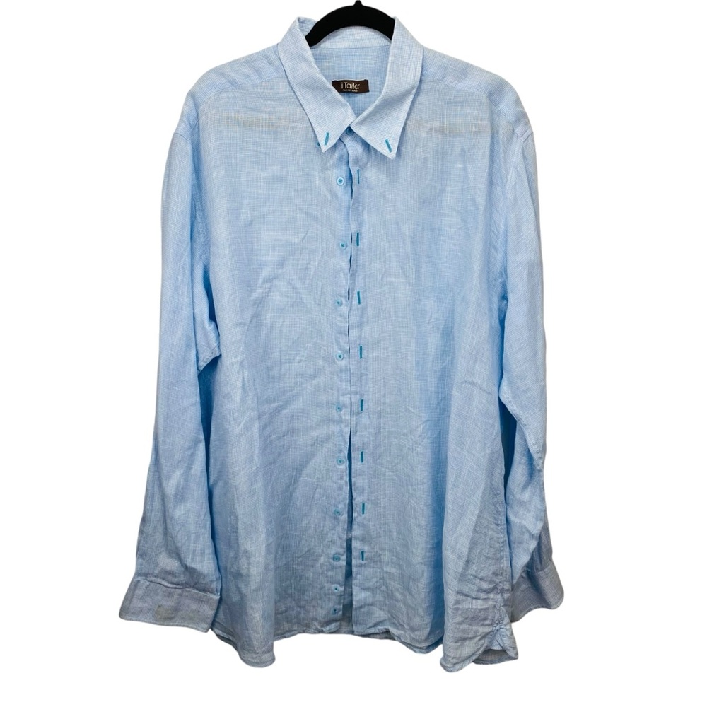 iTailor Made Linen Shirt‎ Men’s 3XL Blue Button Up Long Sleeve Business Office